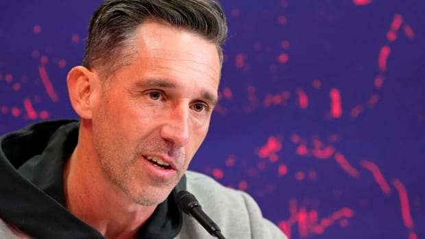 Feb 5, 2024; Las Vegas, NV, USA; San Francisco 49ers head coach Kyle Shanahan talks to the media during Super Bowl LVIII Opening Night at Allegiant Stadium. Mandatory Credit: Lucas Peltier-USA TODAY Sports  